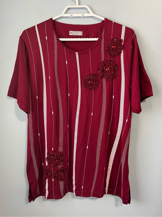Fendi Tops - Fendi Wine Red Short Sleeve Top Floral Appliqués White Stripes Relaxed Fit